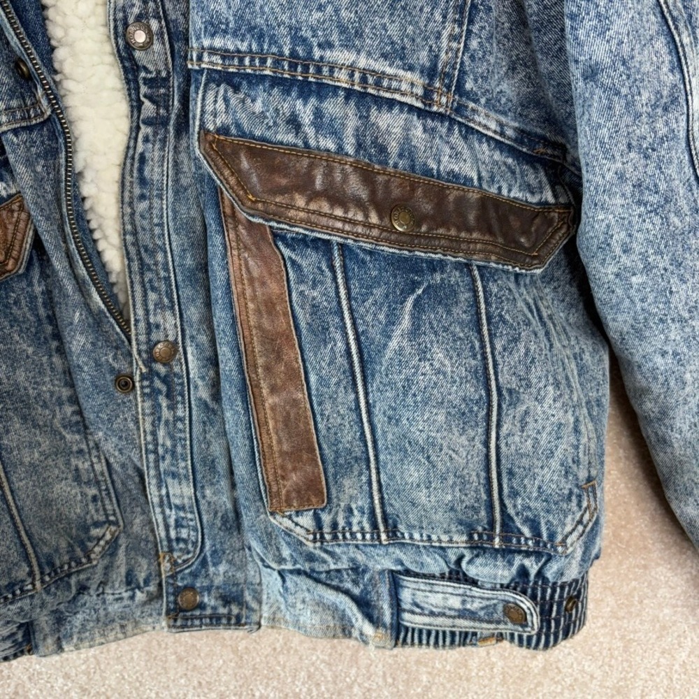 VINTAGE 80s Acid Wash Denim Bomber Jacket Mens Size XL Fleece Lined Distressed - Picture 5 of 12